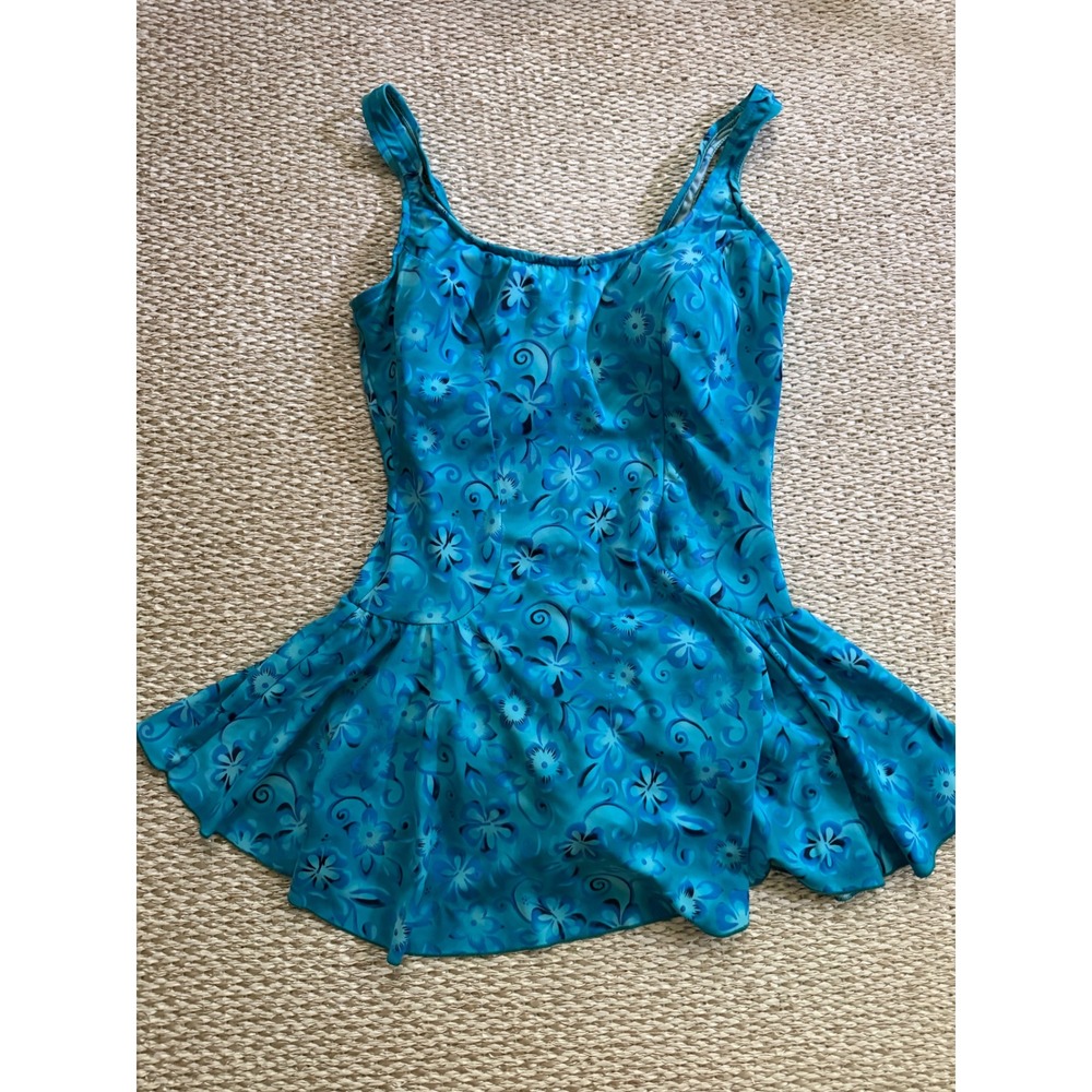 Le Cove Womens Blue Floral Swimdress One Piece Swimsuit Skirted Size 14